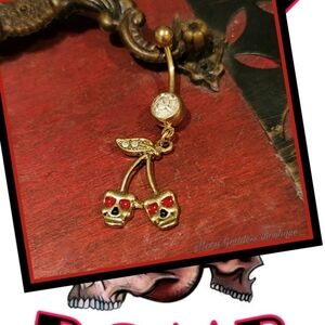 Painful Pleasures ✦ Skull Face Cherries Belly Ring ✦ Gothic Body Jewelry NWT